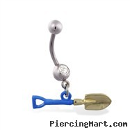 Jeweled belly ring with Dangling Shovel