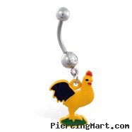 Jeweled belly ring with dangling rooster