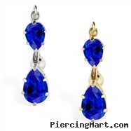 14K Gold reversed belly ring with double Sapphire teardrop dangle