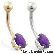 14K Gold belly ring with small amethyst oval
