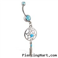 Double jeweled aqua belly ring with dangling dream catcher and feather