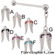 Industrial straight barbell with dangling jeweled wing