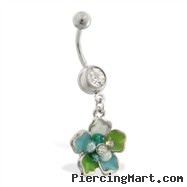 Navel ring with dangling multi-jeweled epoxy flower