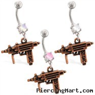 Jeweled navel ring with dangling uzi gun