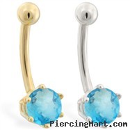 14K yellow gold belly button ring with 6-prong Aquamarine