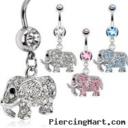 Navel ring with dangling jeweled elephant