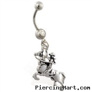 Jeweled belly ring with dangling cowboy riding horse