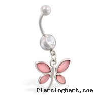 Navel ring with dangling glossy pink butterfly