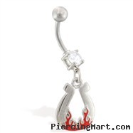 Navel Ring With Dangling Flaming Horseshoe