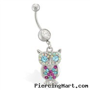 Navel ring with dangling multi-colored jeweled owl