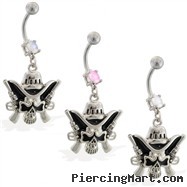 Navel ring with dangling cowboy skull and guns