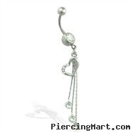 Navel ring with dangling heart and chains with gems