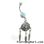 Double jeweled aqua belly ring with dangling dream catcher and feathers