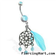 Double jeweled aqua belly ring with dangling dream catcher and feather