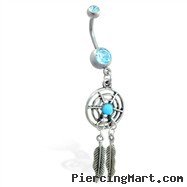 Double jeweled aqua belly ring with dangling dream catcher and feathers