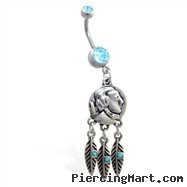 Double jeweled aqua belly ring with dangling indian face coin and feathers