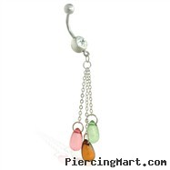 Navel ring with dangling colored stones on chains