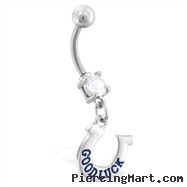 Navel ring with dangling "GOOD LUCK" horseshoe