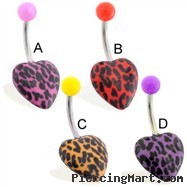 Navel ring with cheetah print heart and acrylic top ball