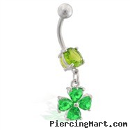 Belly ring with small dangling jeweled four leaf clover