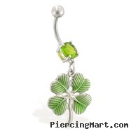 Jeweled belly ring with dangling green four leaf clover