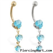 14K Gold belly ring with triple heart Aquamarine dangle