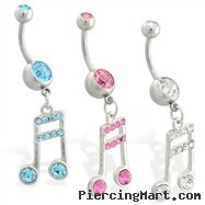 Navel ring with dangling jeweled music note