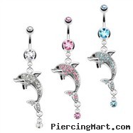 Navel ring with dangling jeweled dolphin