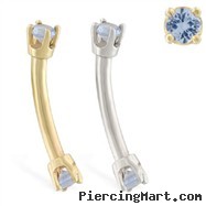 14K Gold internally threaded curved barbell with aquamarine gems