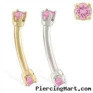 14K Gold internally threaded curved barbell with pink tourmaline gems
