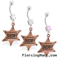 Navel ring with dangling jeweled sheriff badge