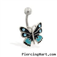 Blue and black butterfly belly ring