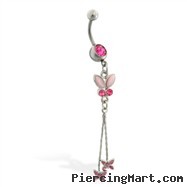 Navel ring with dangling pink jeweled butterflies on chains