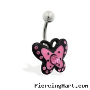 Jeweled pink and black butterfly belly ring