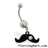 Jeweled belly ring with Dangling Black Mustache with CZ