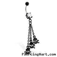 Jeweled black coated belly ring with skull dangles