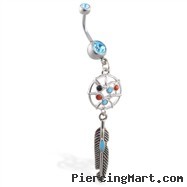 Double jeweled aqua belly ring with dangling dream catcher and feather