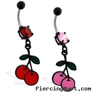 Black coated belly ring with dangling colored cherries