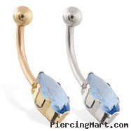 14K Gold belly ring with long blue zircon marquise