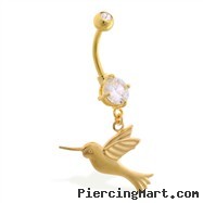 Gold Tone belly button ring with dangling humming bird