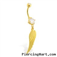 Gold Tone belly button ring with dangling feather