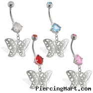 Double jewelry belly ring with dangling butterfly