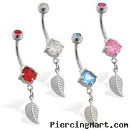 Double jeweled belly ring with small dangling leaf