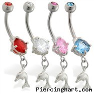 Double jewelry belly ring with small dangling dolphin