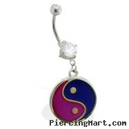 Double jeweled belly ring with dangling color changing ying-yang