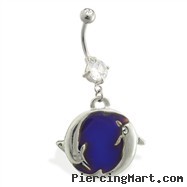 Double jeweled belly ring with dangling color changing dolphin charm