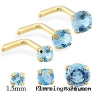 14K Gold L-shaped nose pin with Round Aquamarine