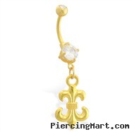 Gold Tone belly button ring with dangling fleur-de-lis