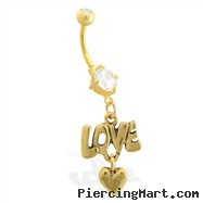 Gold Tone belly button ring with dangling Love and Heart