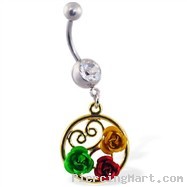 Navel ring with dangling multi-colored roses in a circle